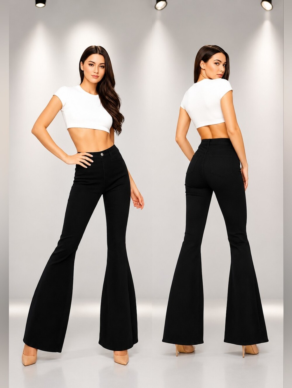 High-Waist Flare Bell Bottom Jeans | Stretch Denim Retro Boho Wide Leg Pants